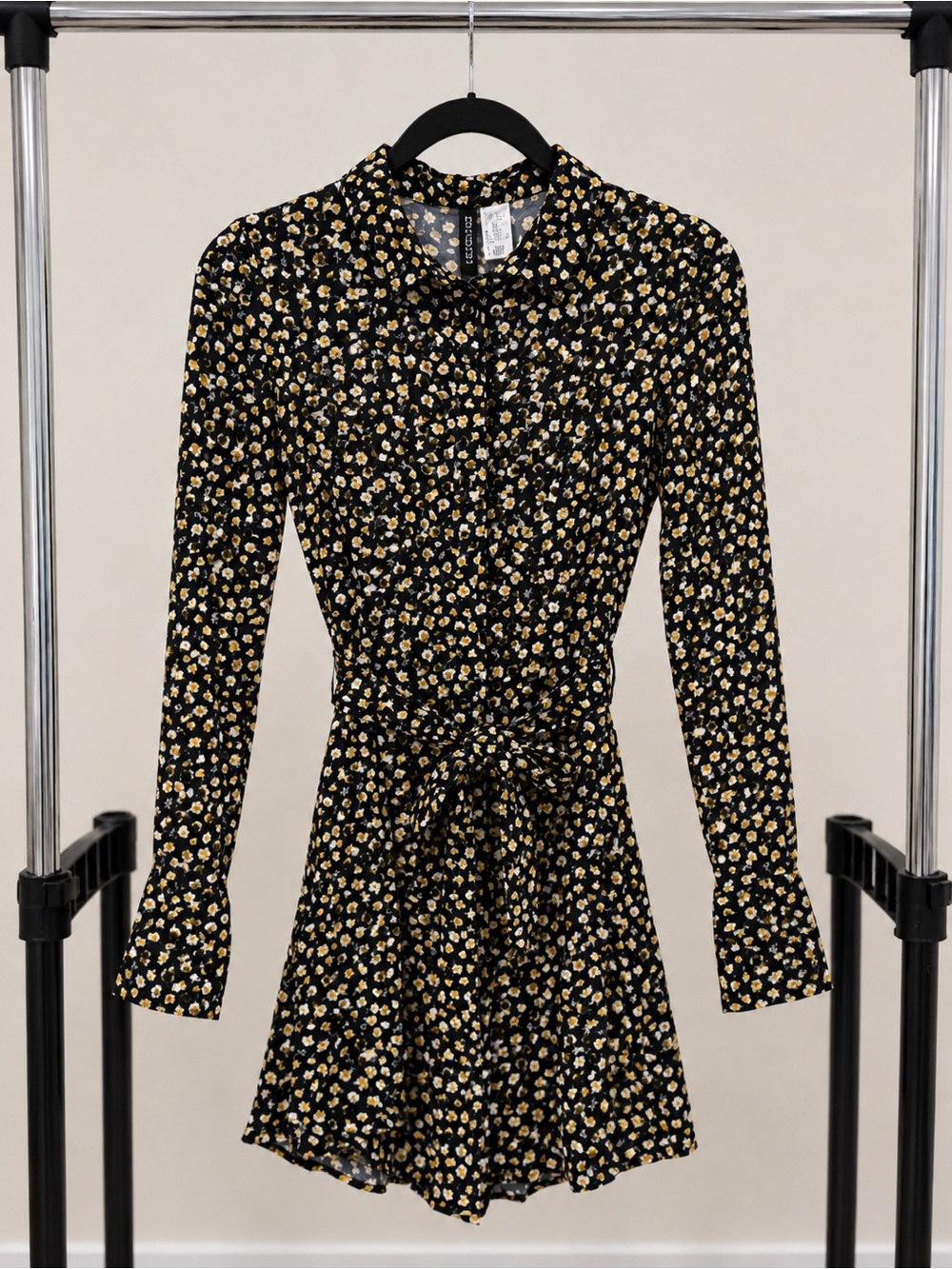 H&M Black Long-Sleeve Floral Tie-Waist Mini Dress